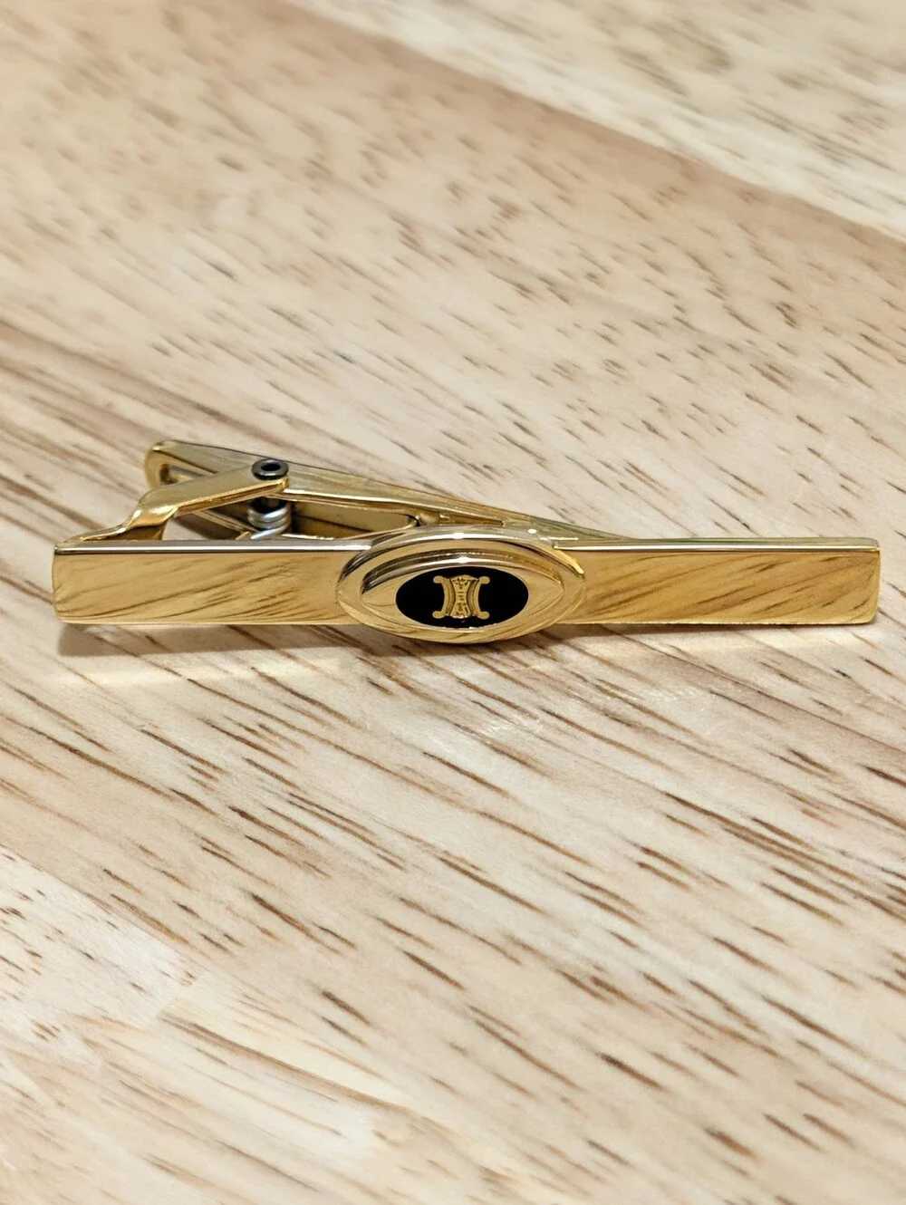 Vintage Celine Gold Tone Tie Clip Black Enamel Triomphe Logo